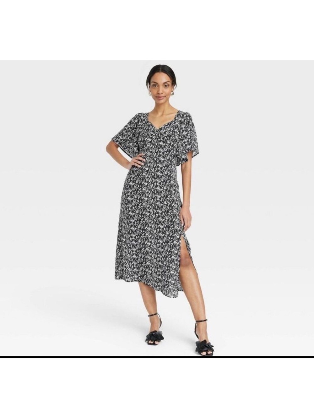 A New Day Women’s Midi Dress M Black White Floral Crepe Flutter Sleeve Cutout